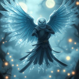 An Echo Owl Samurai depicted as a translucent spirit ghost, with a faceless appearance, in a mystical and enchanting environment