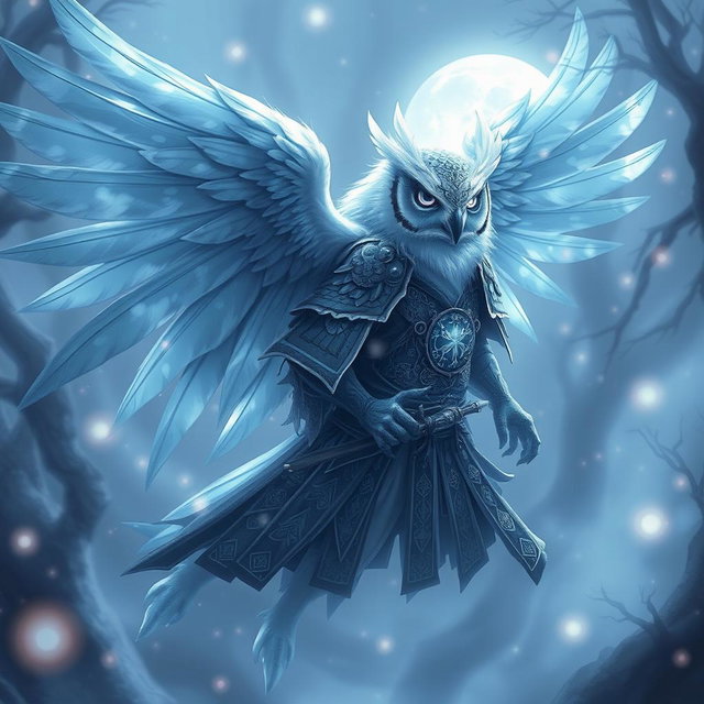 An Echo Owl Samurai depicted as a translucent spirit ghost, with a faceless appearance, in a mystical and enchanting environment