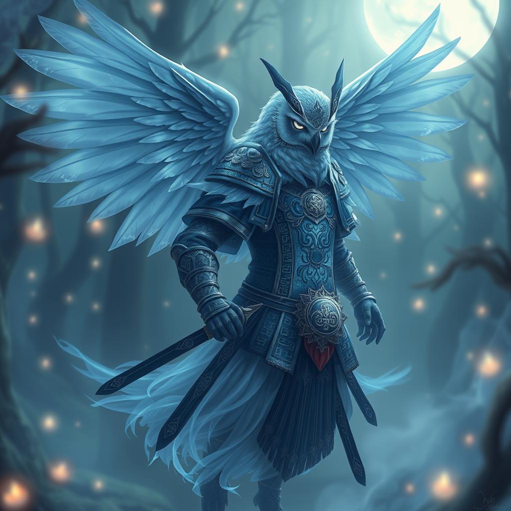 An Echo Owl Samurai illustrated as a translucent spirit ghost, featuring a faceless design, set in a mystical and enchanting environment