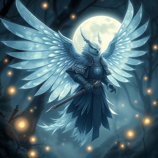 An Echo Owl Samurai illustrated as a translucent spirit ghost, featuring a faceless design, set in a mystical and enchanting environment