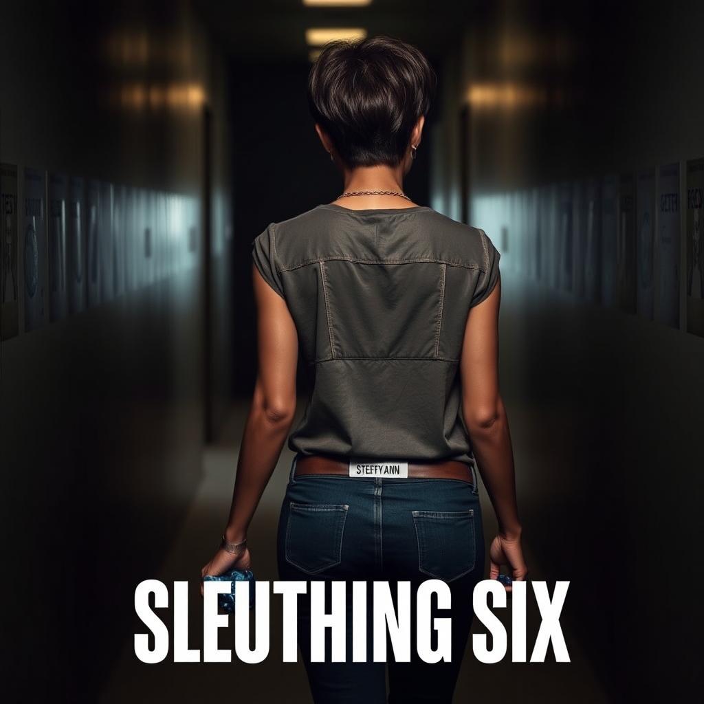 A woman in her 20s with dark skin and short hair walks confidently through a dark hallway