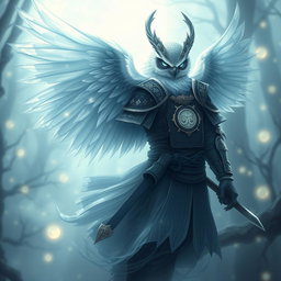 An Echo Owl Samurai illustrated as a translucent spirit ghost, featuring a completely faceless design, enveloped in an aura of mystery