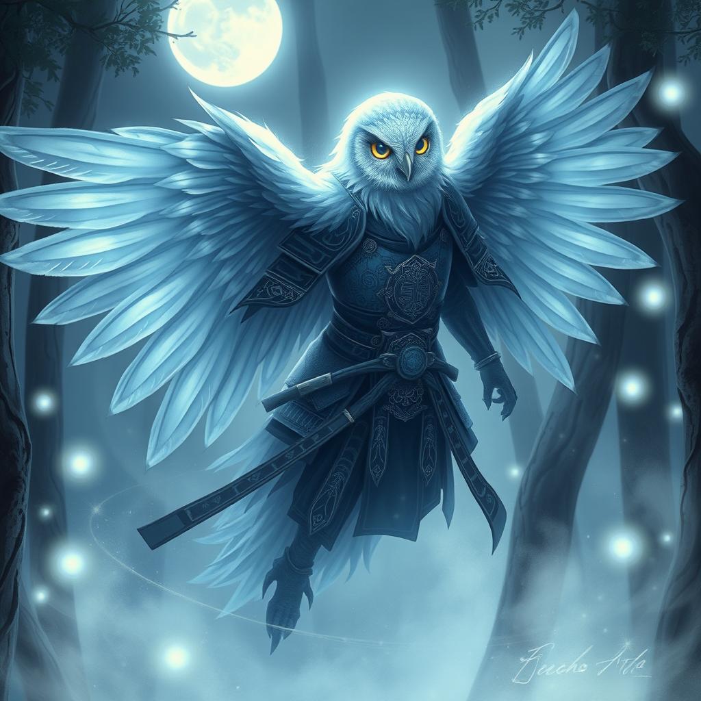An Echo Owl Samurai illustrated as a translucent spirit ghost, featuring a completely faceless design, enveloped in an aura of mystery
