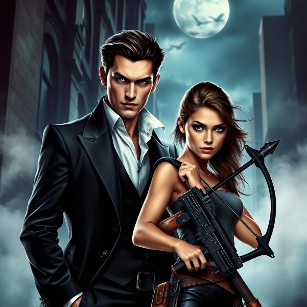 An engaging young adult book cover featuring a handsome vampire detective and a beautiful female monster hunter