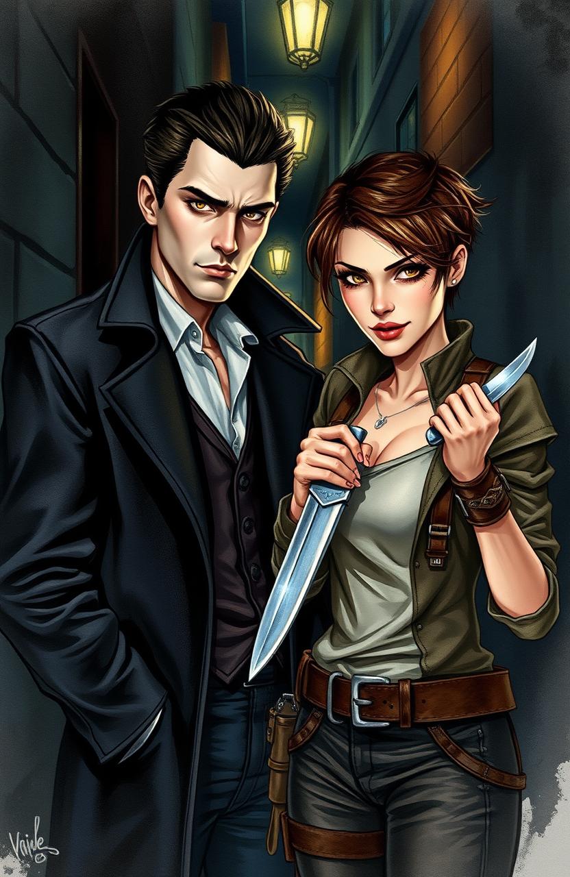 A handsome vampire detective with striking features and piercing eyes, exuding an air of mystery and charm, stands in a dark, shadowy alleyway