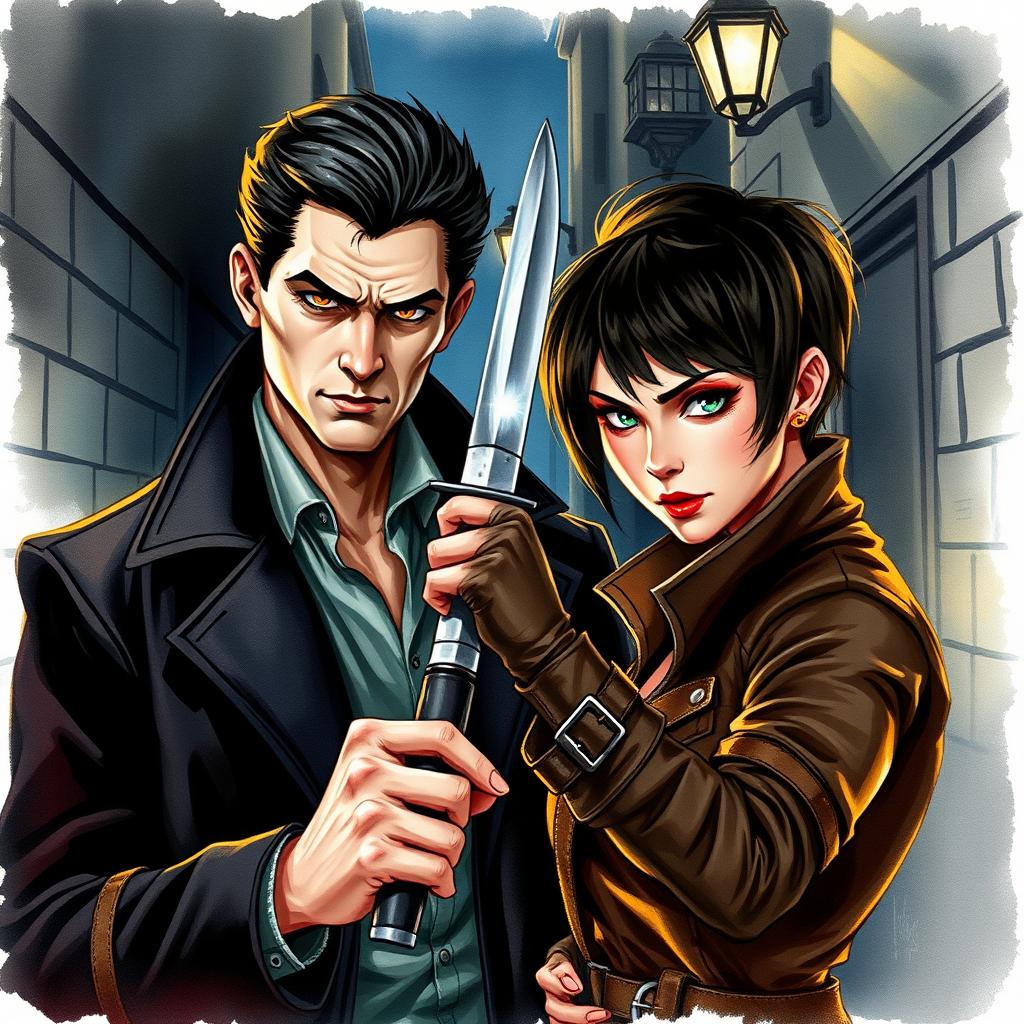 A handsome vampire detective with striking features and piercing eyes, exuding an air of mystery and charm, stands in a dark, shadowy alleyway