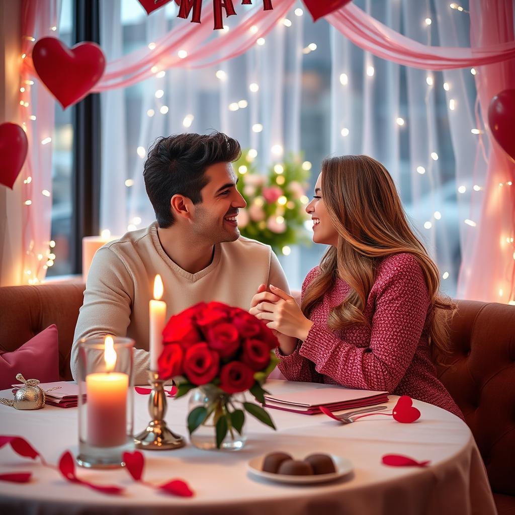 A romantic scene of a couple celebrating Valentine's Day in a cozy, beautifully decorated restaurant