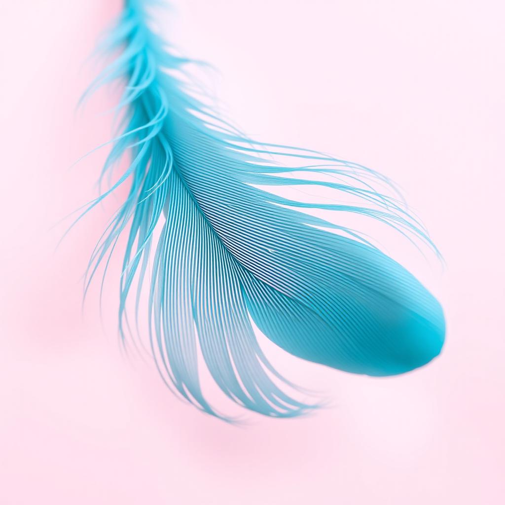 A beautiful teal feather gracefully falling against a light pink background, showcasing the intricate details of the feather's structure and the vibrant contrast of colors