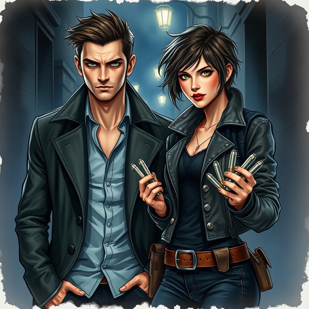 A handsome vampire detective with striking features, sharp cheekbones, and alluring eyes, stands in a dark, shadowy alleyway