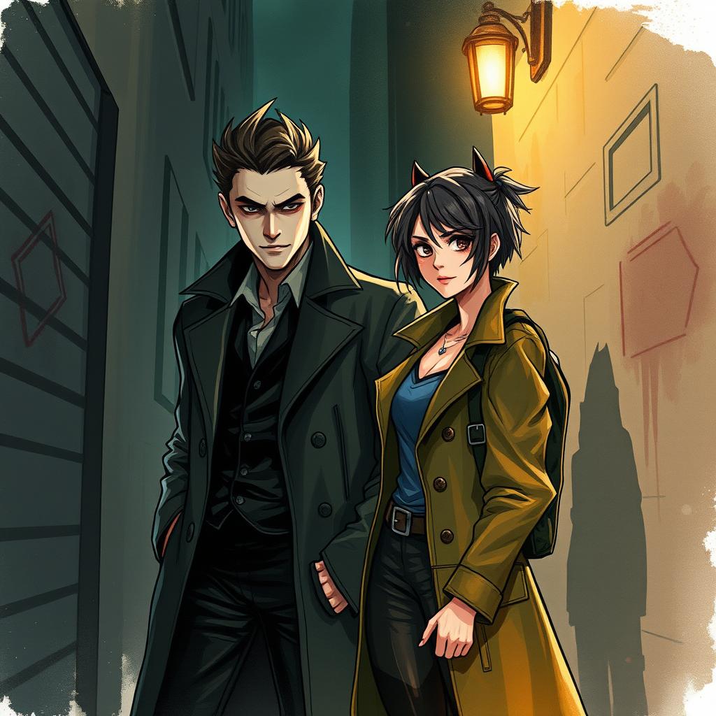 A handsome vampire detective with alluring features and captivating eyes stands in a dark, atmospheric alleyway, dressed in a stylish, fitted coat that hints at his supernatural origins