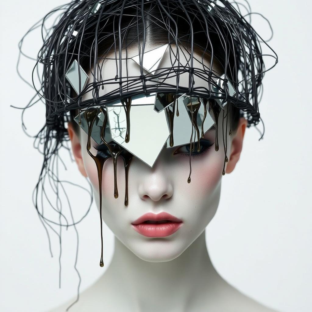A model with their head partially veiled by an avant-garde headpiece composed of a floating, cage-like structure made of tangled wires and dripping, molten resin, hovering just above where the face would be