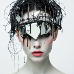 A model with their head partially veiled by an avant-garde headpiece composed of a floating, cage-like structure made of tangled wires and dripping, molten resin, hovering just above where the face would be