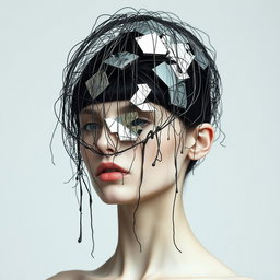 A model with their head partially veiled by an avant-garde headpiece composed of a floating, cage-like structure made of tangled wires and dripping, molten resin, hovering just above where the face would be