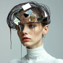 A model with their head partially veiled by an avant-garde headpiece composed of a floating, cage-like structure made of tangled wires and dripping, molten resin, hovering just above where the face would be