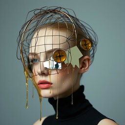 A model with their head partially veiled by an avant-garde headpiece composed of a floating, cage-like structure made of tangled wires and dripping, molten resin, hovering just above where the face would be