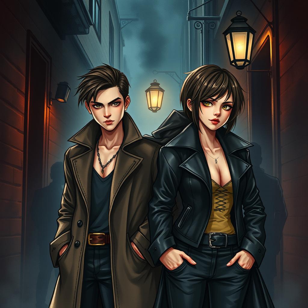 A handsome vampire detective with captivating features and a mysterious aura stands confidently in a dark, atmospheric alleyway