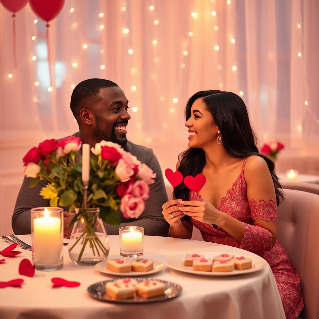 A heartwarming scene of an interracial couple celebrating Valentine's Day in an elegant restaurant
