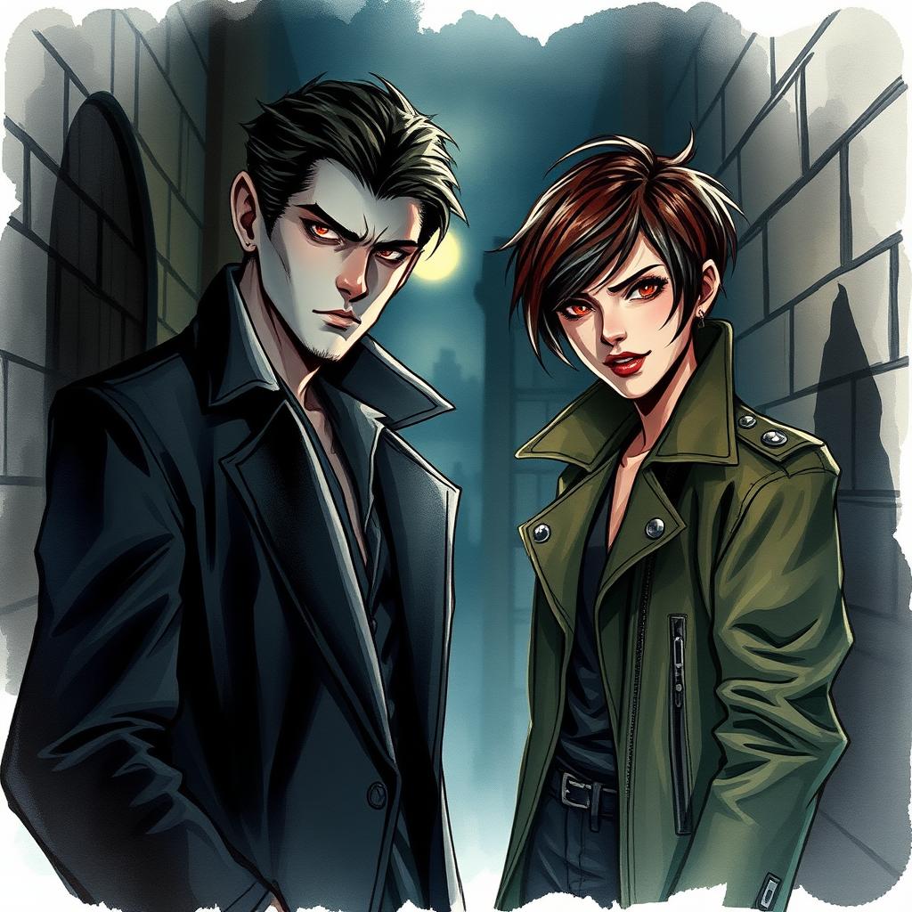 A handsome vampire detective with mesmerizing features and intense eyes stands confidently in a shadowy dark alleyway, dressed in a stylish, fitted coat that hints at his supernatural charm