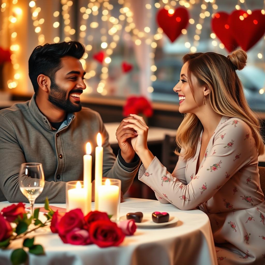 A joyful scene of an interracial couple, an Indian man and a Caucasian woman, celebrating Valentine's Day in an elegant restaurant