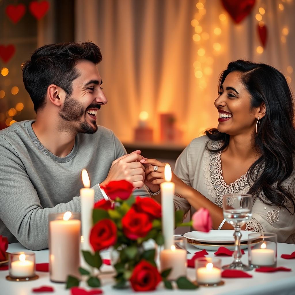 A joyful scene of an interracial couple celebrating Valentine's Day in a romantic setting