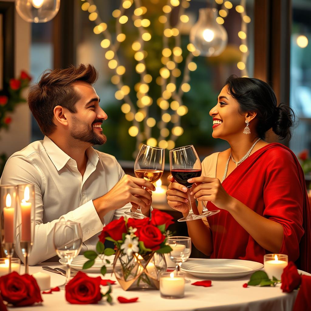 A charming scene of an interracial couple celebrating Valentine's Day, featuring a Caucasian man and an Indian woman