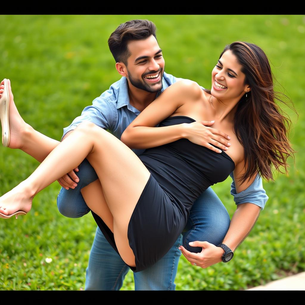 A strong, confident man with an athletic build riding on top of a beautiful woman, both appearing to have fun and joy in a playful, intimate moment