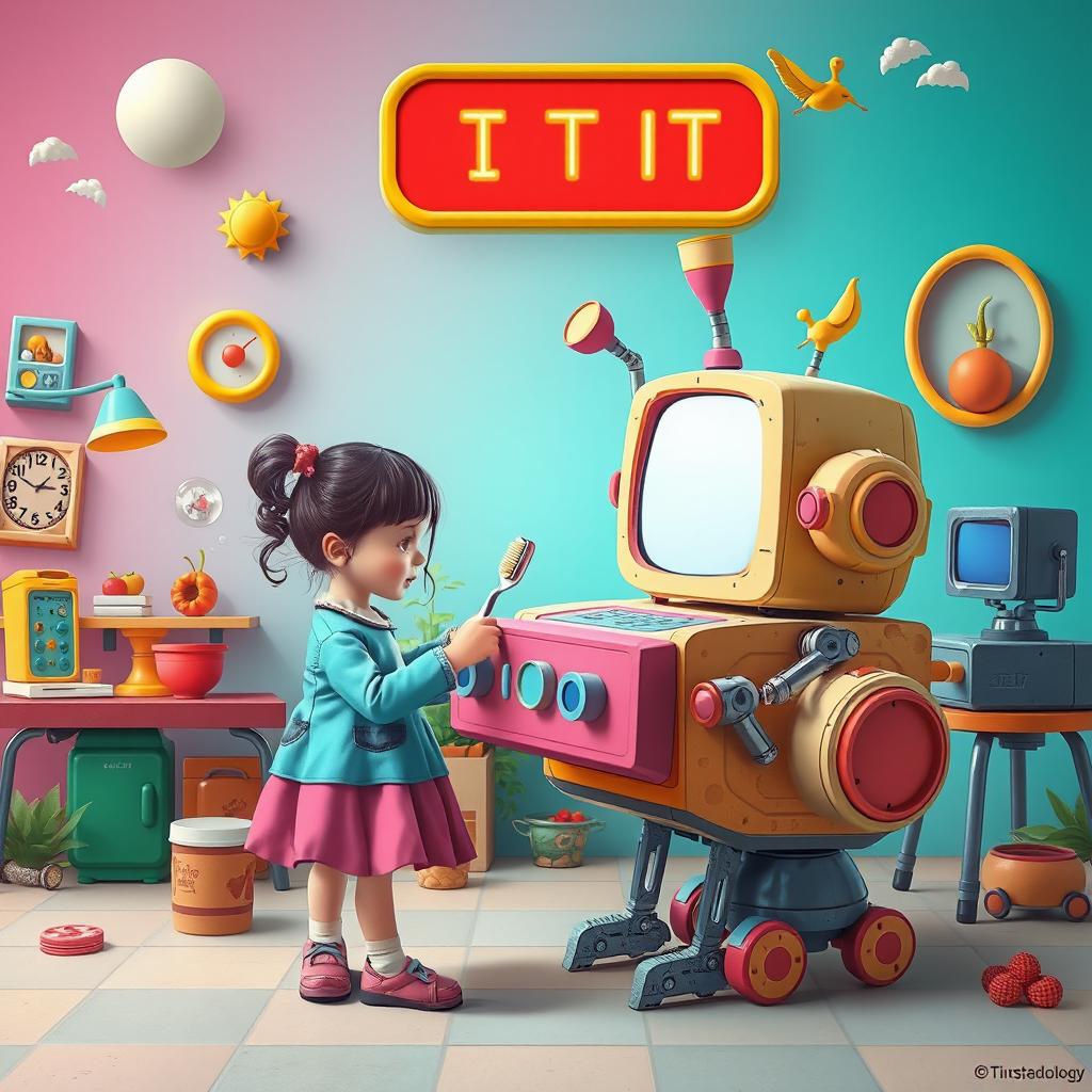 A surreal and imaginative scene depicting a young girl interacting with a whimsical machine that assists her in every aspect of her daily life, such as eating, playing, learning, and even brushing her teeth