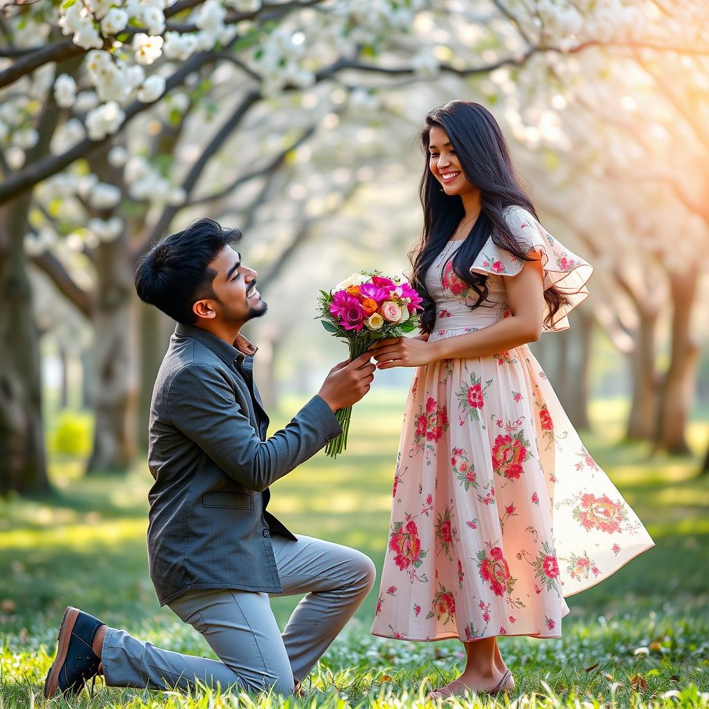 A handsome young man named Jahid, with short dark hair and a charming smile, is kneeling on one knee in a beautiful park