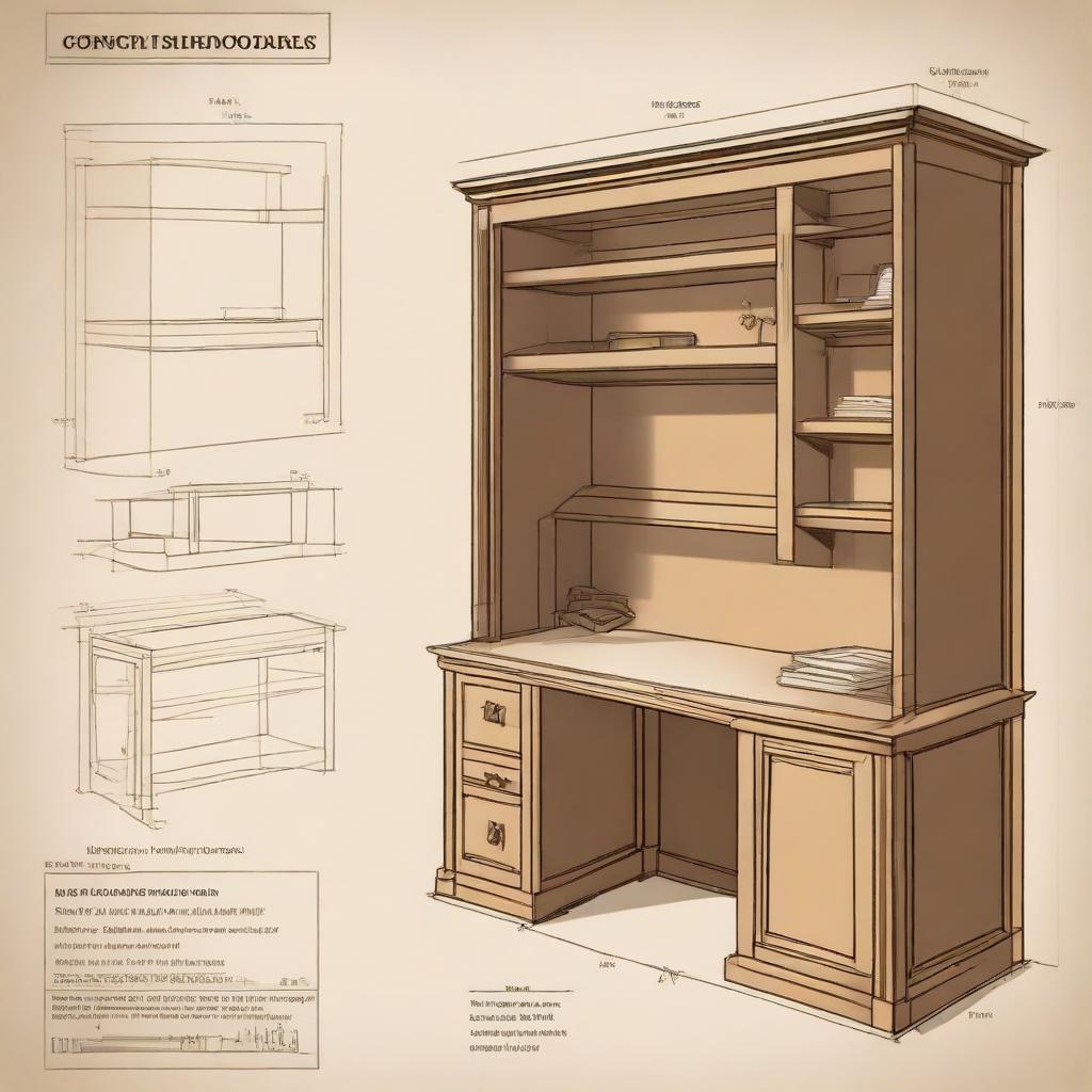 A detailed diagram of a study table incorporated with a bar cabinet. The dimensions should be 5 feet wide, 8 feet high, and 3 feet deep.