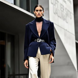 A model wearing an oversized navy blazer with exaggerated lapels, layered over a sheer turtleneck and high-waisted cream trousers