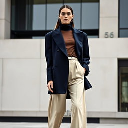 A model wearing an oversized navy blazer with exaggerated lapels, layered over a sheer turtleneck and high-waisted cream trousers