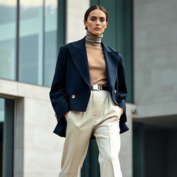 A model wearing an oversized navy blazer with exaggerated lapels, layered over a sheer turtleneck and high-waisted cream trousers