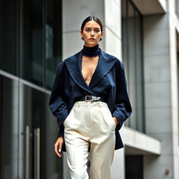 A model wearing an oversized navy blazer with exaggerated lapels, layered over a sheer turtleneck and high-waisted cream trousers