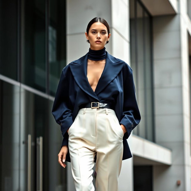 A model wearing an oversized navy blazer with exaggerated lapels, layered over a sheer turtleneck and high-waisted cream trousers