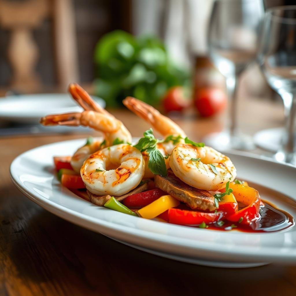 A close-up view of a beautifully plated gourmet dish featuring fresh, vibrant ingredients such as grilled shrimp and colorful bell peppers, beautifully arranged on a white ceramic plate