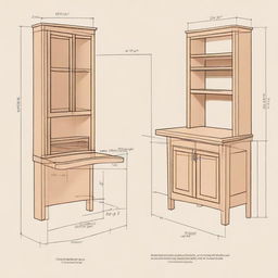 A detailed diagram of a study table incorporated with a bar cabinet. The dimensions should be 5 feet wide, 8 feet high, and 3 feet deep.