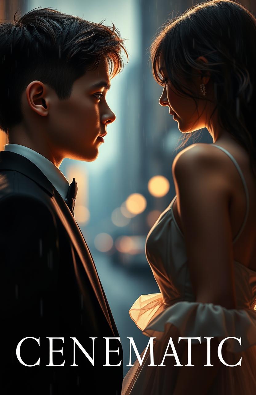 A boy wearing a sleek black suit, facing a girl in an elegant dress, his expression filled with love yet tinged with betrayal