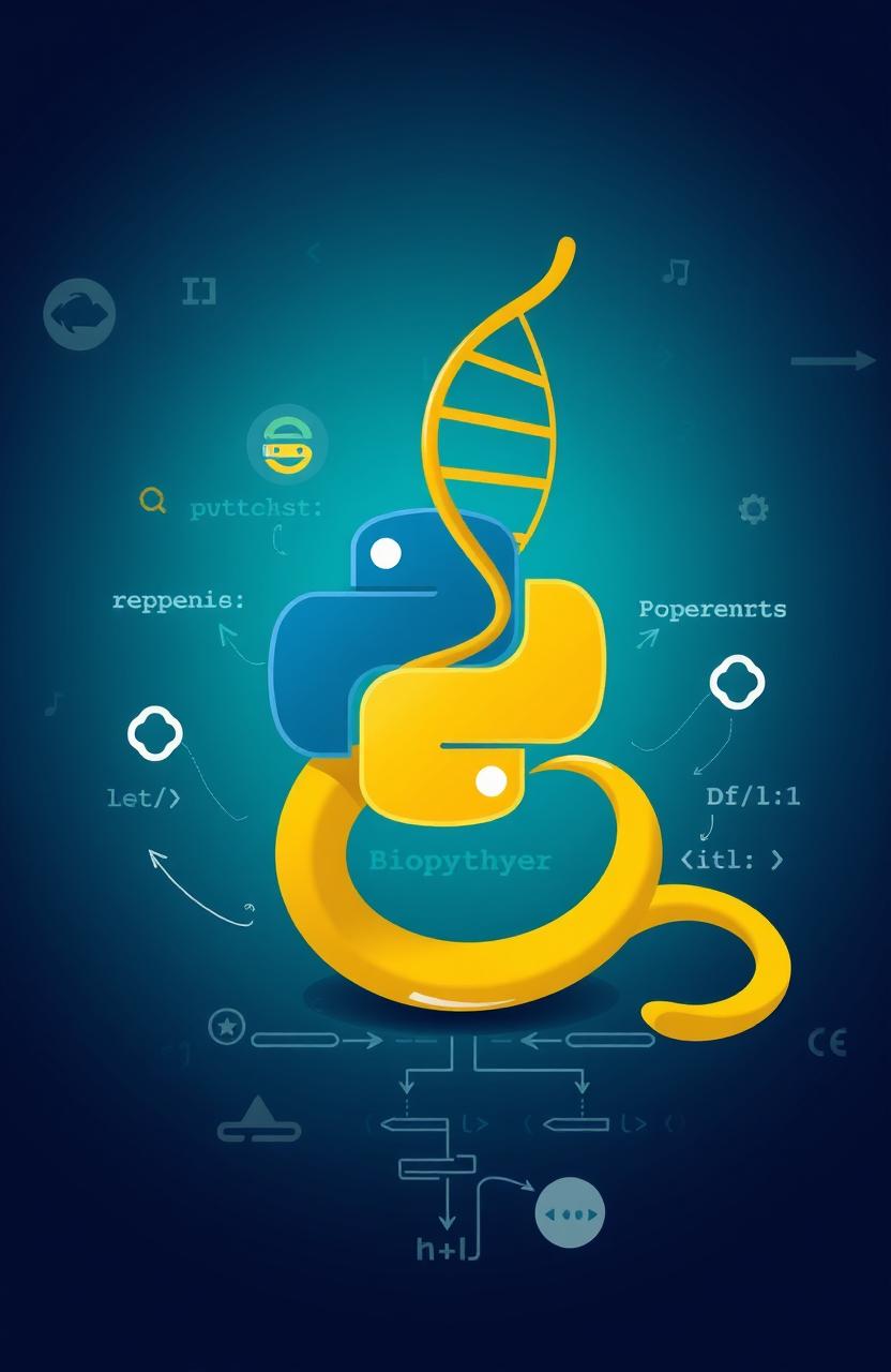 A visually engaging representation of Python programming basics, featuring a stylized depiction of a Python serpentine character intertwining with various programming symbols like brackets, variables, and lines of code