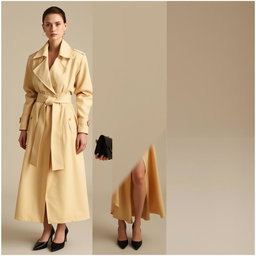 A model wearing a long, buttercream-colored trench coat with an ultra-wide belt, layered over a matching silk slip dress in the same hue