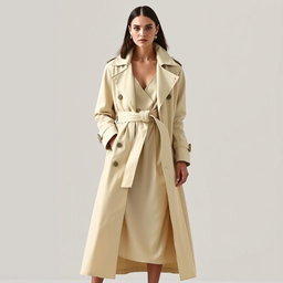 A model wearing a long, buttercream-colored trench coat with an ultra-wide belt, layered over a matching silk slip dress in the same hue
