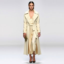 A model wearing a long, buttercream-colored trench coat with an ultra-wide belt, layered over a matching silk slip dress in the same hue