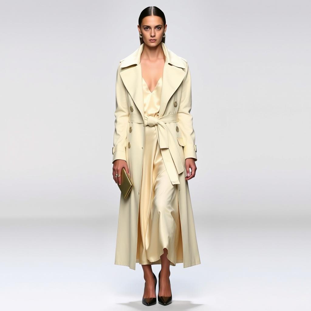 A model wearing a long, buttercream-colored trench coat with an ultra-wide belt, layered over a matching silk slip dress in the same hue