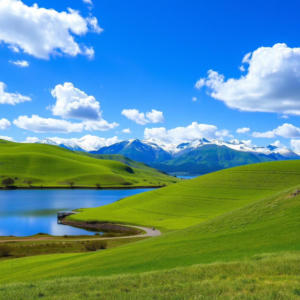 A picturesque landscape featuring rolling hills covered in vibrant green grass under a bright blue sky with fluffy white clouds