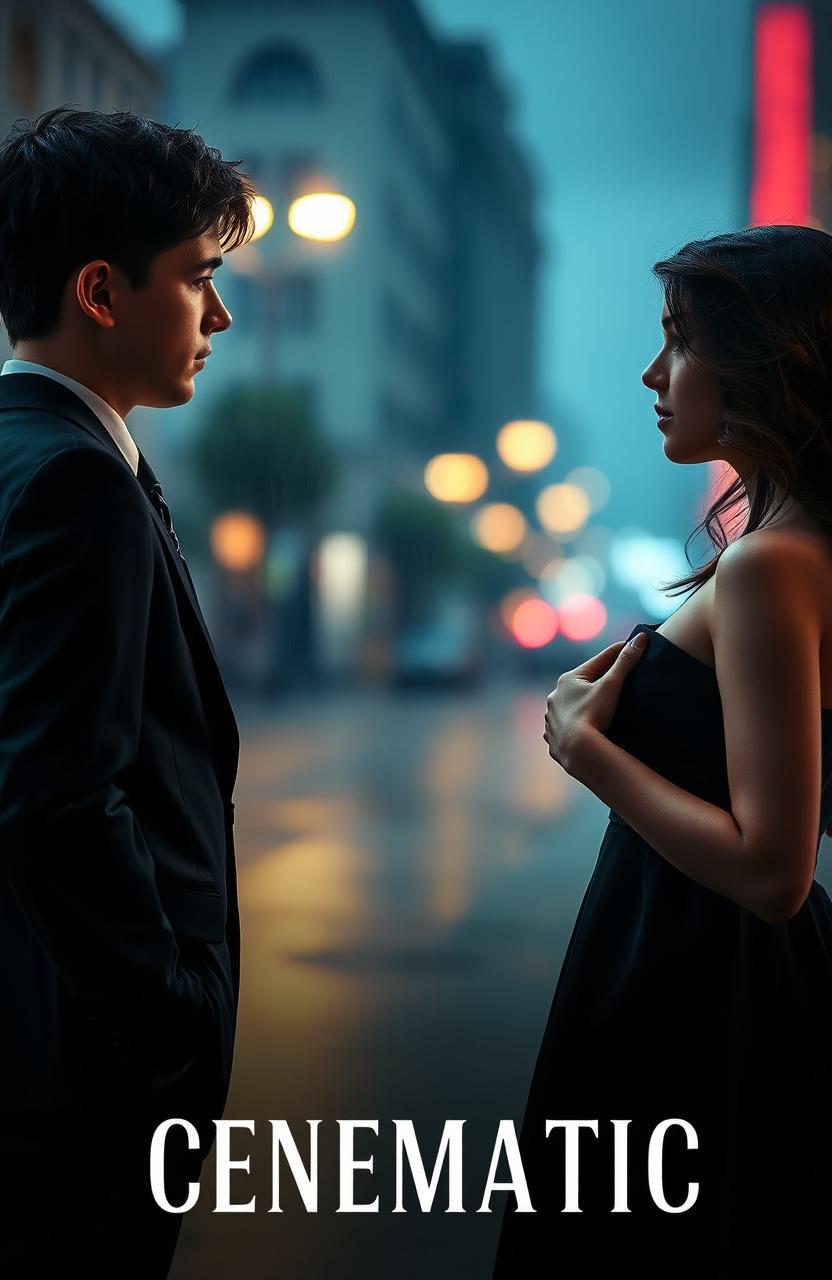 A boy wearing a sleek black suit stands facing a girl dressed elegantly, with a complex emotion in his eyes that conveys love mixed with betrayal