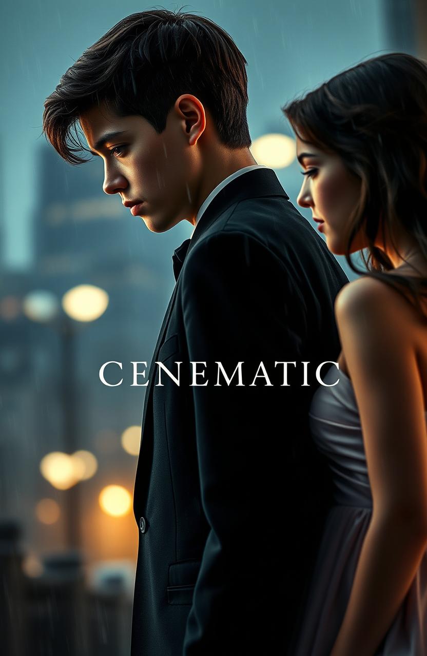 A half-body side photo of a boy in a sharply tailored black suit facing a girl in a beautiful dress, his eyes expressing both love and a hint of betrayal