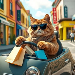 A charming scene featuring a brown fat cat anthropomorphically driving a small car, wearing trendy sunglasses and a stylish scarf