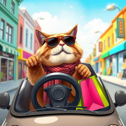 A charming scene featuring a brown fat cat anthropomorphically driving a small car, wearing trendy sunglasses and a stylish scarf
