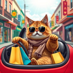 A charming scene featuring a brown fat cat anthropomorphically driving a small car, wearing trendy sunglasses and a stylish scarf