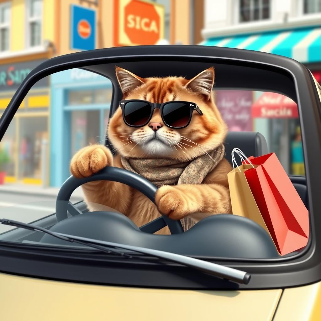 A charming scene featuring a brown fat cat anthropomorphically driving a small car, wearing trendy sunglasses and a stylish scarf