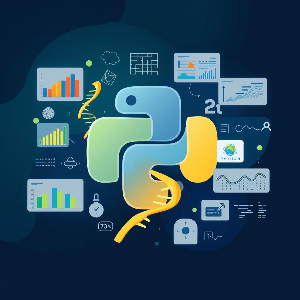 An informative and visually striking illustration showcasing genomics analysis with Python